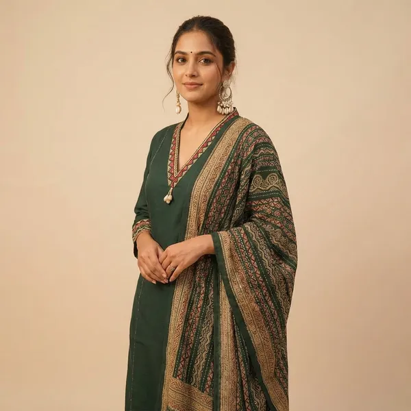 Dark_Green_Pure_Cotton_Embroidered_Stitched_Kurta_Set_For_Women