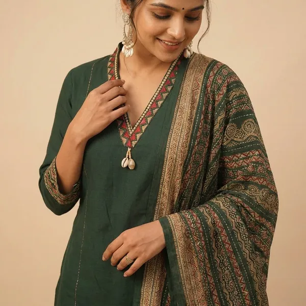 Dark_Green_Pure_Cotton_Embroidered_Stitched_Kurta_Set_For_Women