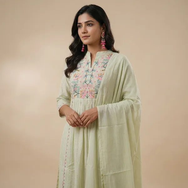 Lime_Yellow_Mul_Cotton_Embroidered_Stitched_Kurta_Set_For_Women