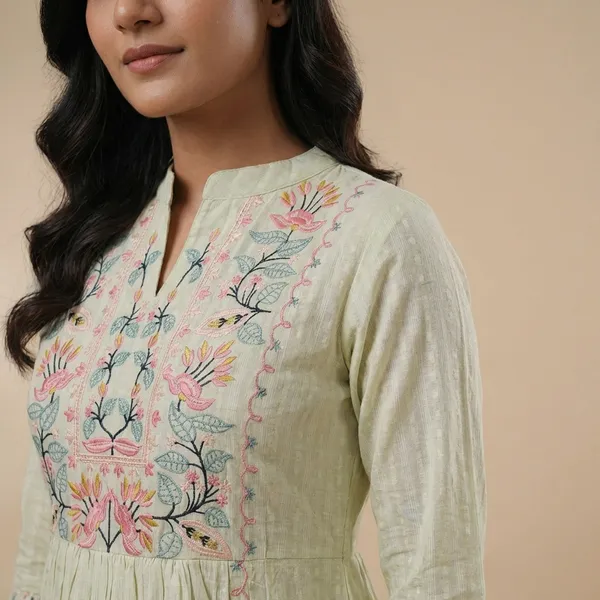 Lime_Yellow_Mul_Cotton_Embroidered_Stitched_Kurta_Set_For_Women