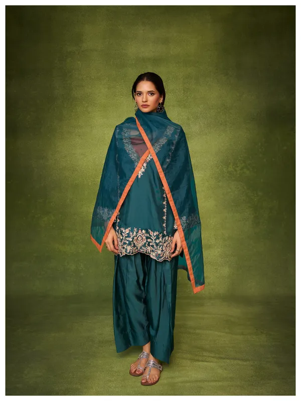 Teal_Blue_Russian_Silk_Organza_Dupatta_Embroidered_Kurta_Set_With_Bustier_For_Women