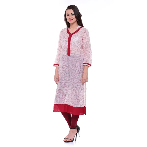 White_And_Red_Block_Print_Cotton_Chanderi_Kurti
