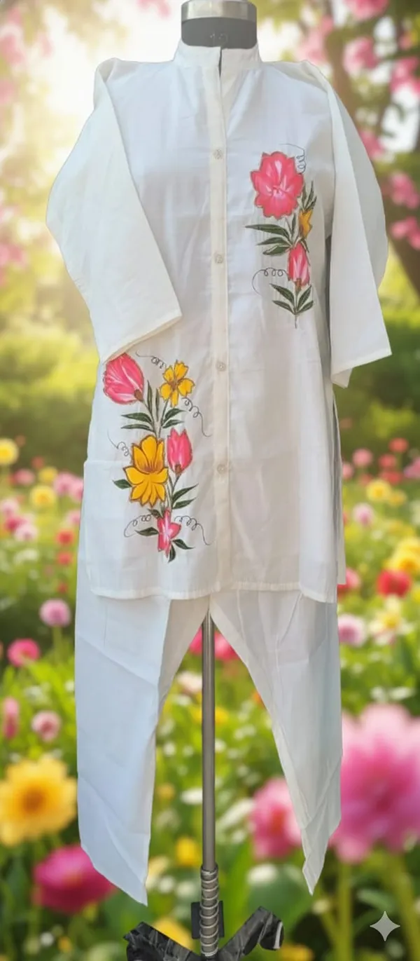 White_Vatican_Cotton_Silk_Hand_Painted_Co_Ord_Set_For_Women