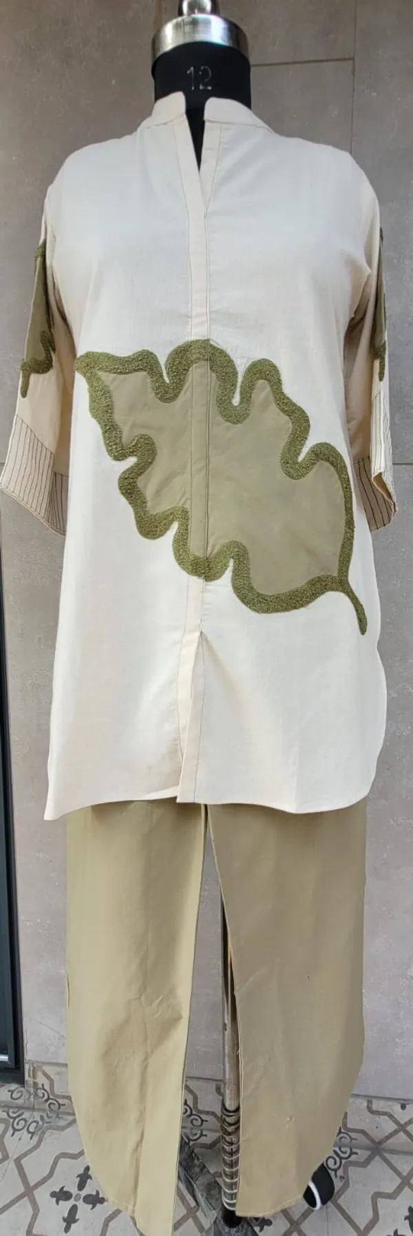 Beige_And_Olive_Linen_Co_Ord_Set_With_Applique_Detailing_For_Women