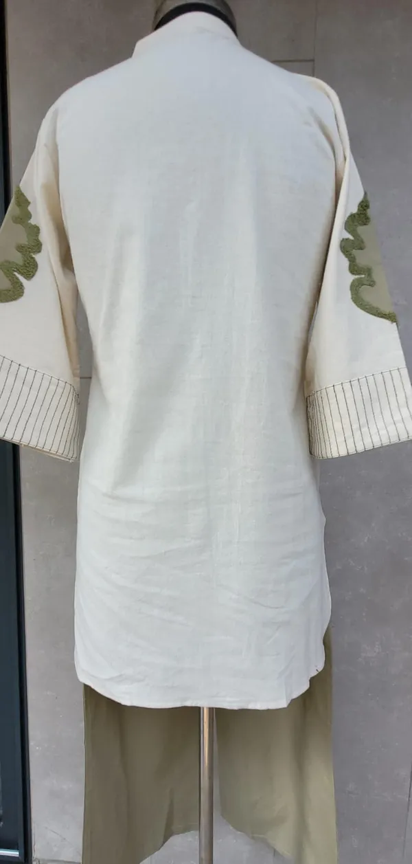 Beige_And_Olive_Linen_Co_Ord_Set_With_Applique_Detailing_For_Women