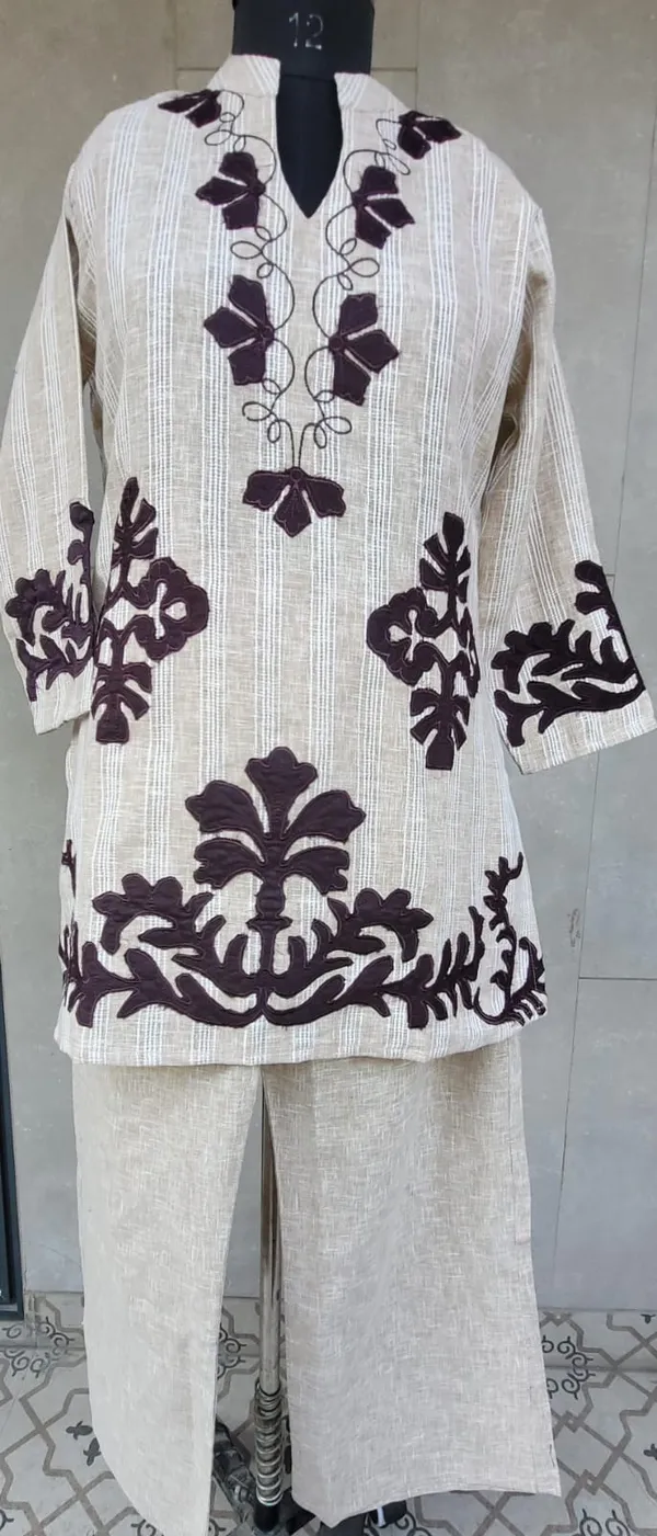 Beige_And_Brown_Khadi_Cotton_Co_Ord_Set_With_Applique_Detailing_For_Women