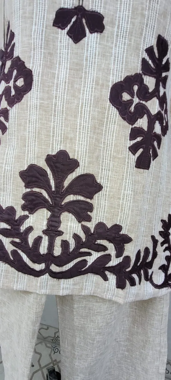 Beige_And_Brown_Khadi_Cotton_Co_Ord_Set_With_Applique_Detailing_For_Women