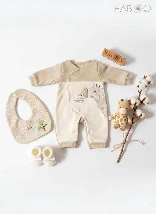 Beige_Cotton_Romper_&_Bib_Set_For_Kids