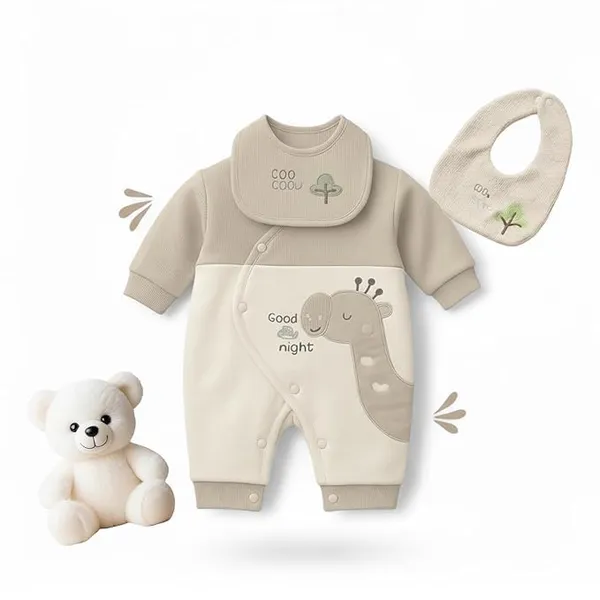 Beige_Cotton_Romper_&_Bib_Set_For_Kids