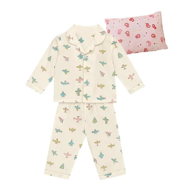 Beige_Cotton_Night_Suit_For_Kids_With_Mustard_(Rai)_Pillow_