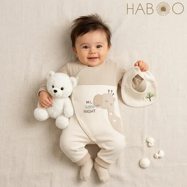 Beige_Cotton_Romper_&_Bib_Set_For_Kids