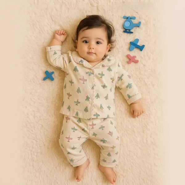 Beige_Cotton_Night_Suit_For_Kids_With_Mustard_(Rai)_Pillow_