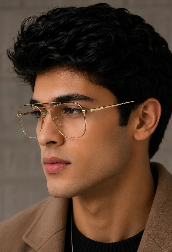 Gold_Titanium_Double_Bar_Mettalic_Optical_Frame_For_Men_With_Bule_Cut_Glasses