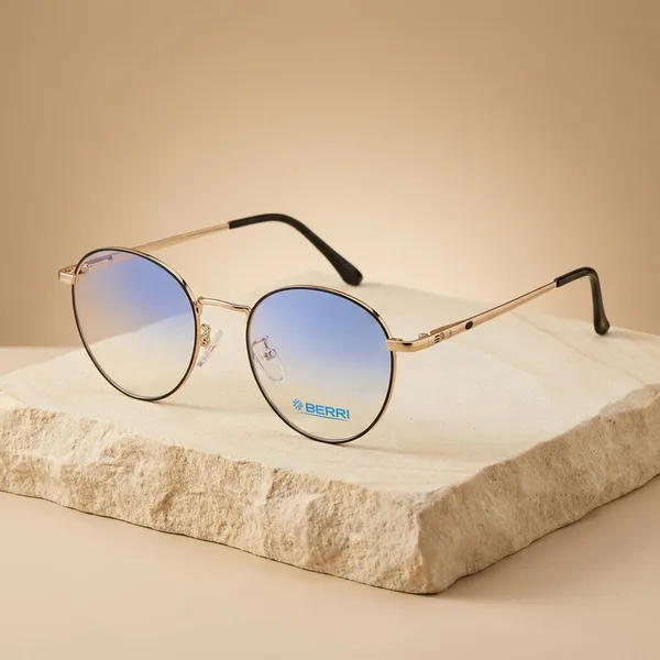 Gold_And_Black_Titanium_Oval_Rim_Metal_Optical_Frame_For_Women_With_Bule_Cut_Glasses