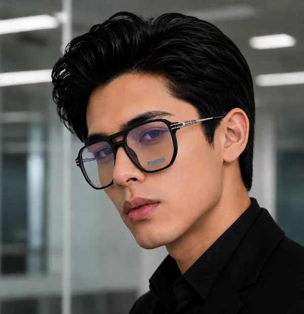 Shine_Black_Tr_90_Wayfair_Hexa_Optical_Frame_For_Men_With_Bule_Cut_Glasses