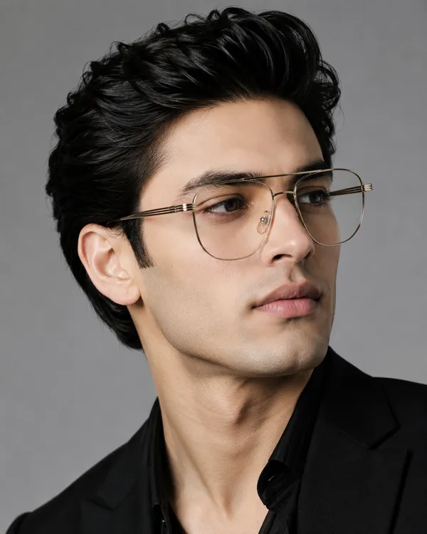 Silver__Titanium_Hexa_Double_Bar_Mettalic_Medium_size_Optical_Frame_For_Men_With_Bule_Cut_Glasses