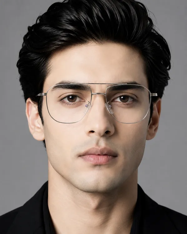 Silver__Titanium_Hexa_Double_Bar_Mettalic_Medium_size_Optical_Frame_For_Men_With_Bule_Cut_Glasses