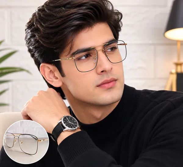 Gold_And_Black_Titanium_Double_Bar_Mettalic_Optical_Frame_For_Men_With_Bule_Cut_Glasses