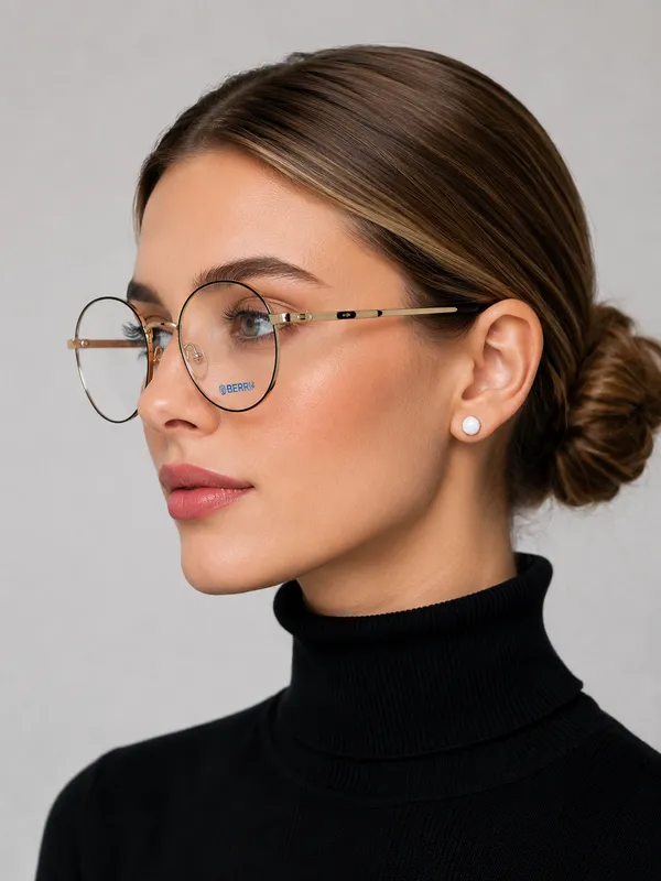 Gold_And_Black_Titanium_Oval_Rim_Metal_Optical_Frame_For_Women_With_Bule_Cut_Glasses