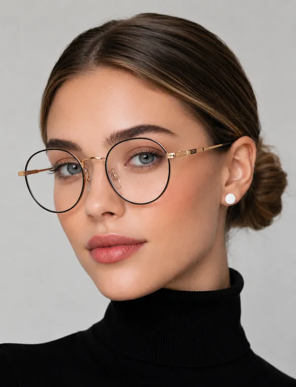 Gold_And_Black_Titanium_Oval_Rim_Metal_Optical_Frame_For_Women_With_Bule_Cut_Glasses