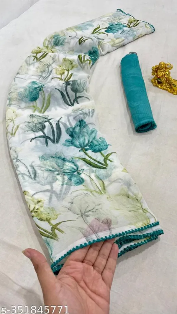 Green_&_Off_White_Premium_Chiffon_Saree_With_Running_Blouse_For_Women