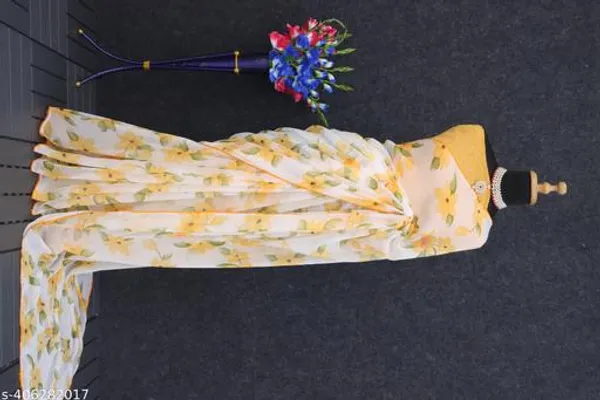 White_&_Yellow_Premium_Chiffon_Saree_With_Running_Blouse_For_Women