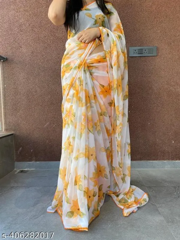 White_&_Yellow_Premium_Chiffon_Saree_With_Running_Blouse_For_Women