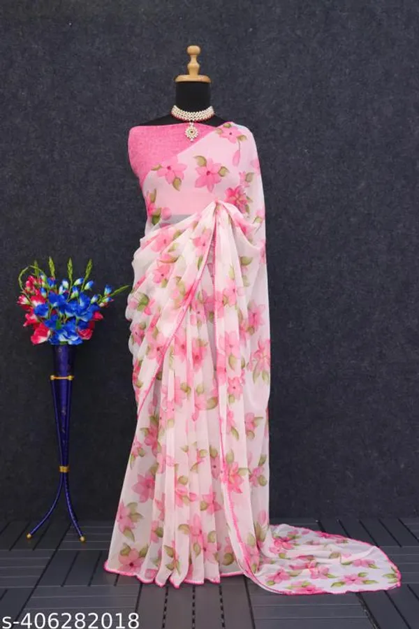 Pink_&_White_Premium_Chiffon_Saree_With_Running_Blouse_For_Women