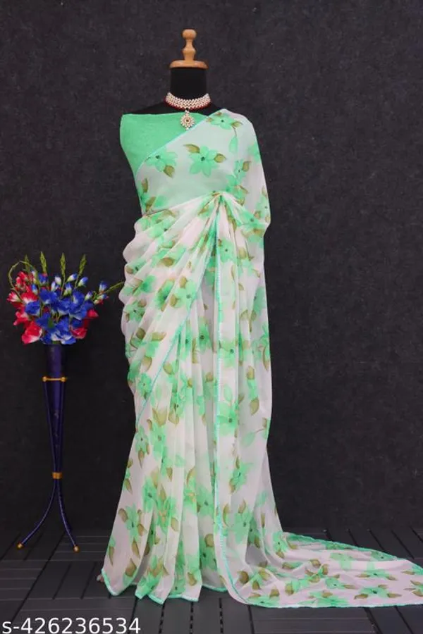 Off_White_&_Green_Premium_Chiffon_Saree_With_Running_Blouse_For_Women