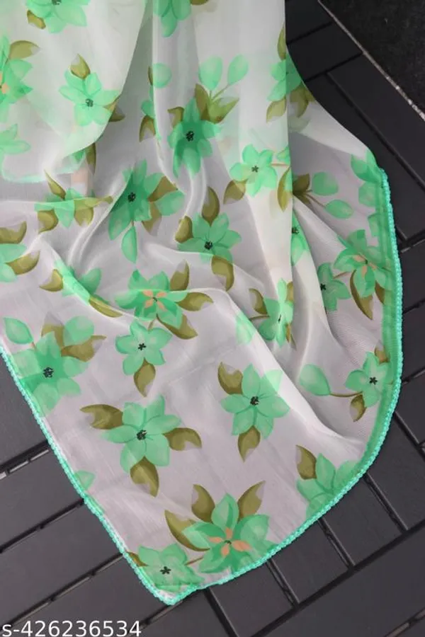 Off_White_&_Green_Premium_Chiffon_Saree_With_Running_Blouse_For_Women