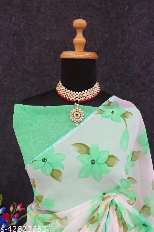 Off_White_&_Green_Premium_Chiffon_Saree_With_Running_Blouse_For_Women