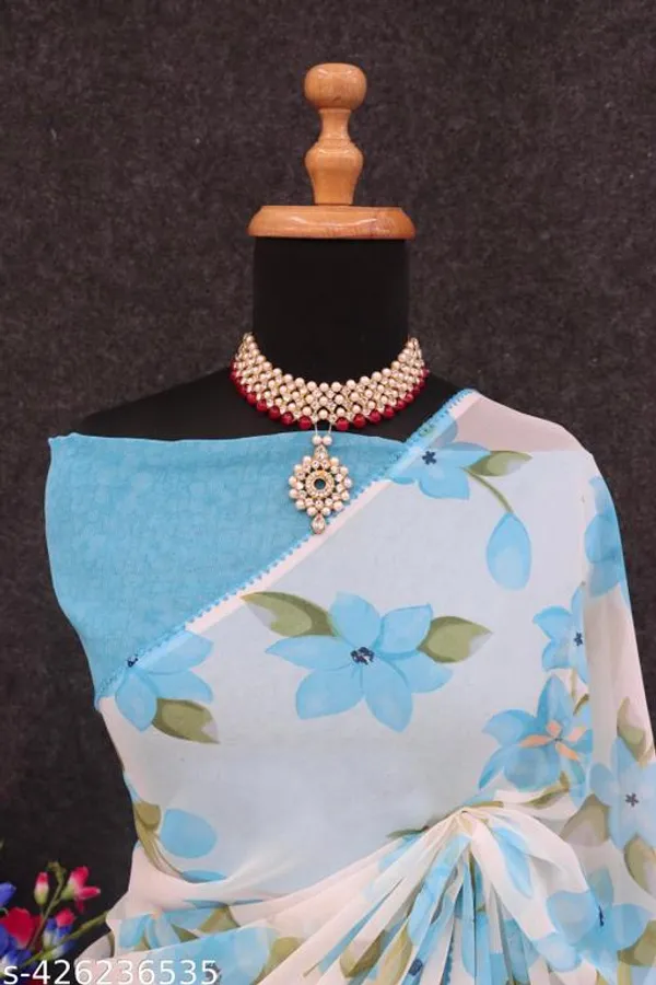 Off_White_&_Blue_Premium_Chiffon_Saree_With_Running_Blouse_For_Women
