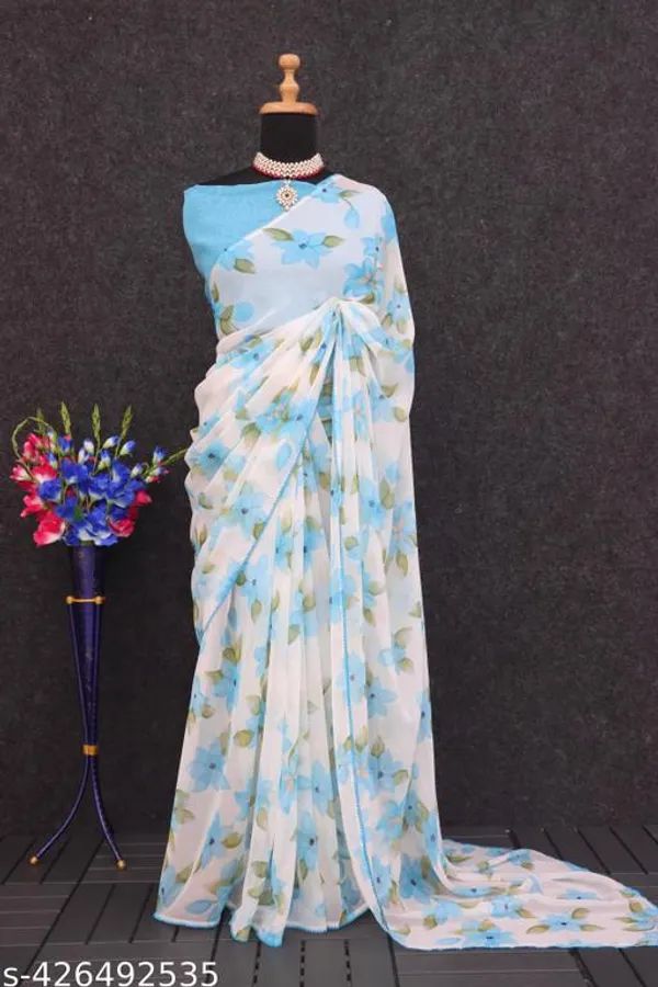Off_White_&_Blue_Premium_Chiffon_Saree_With_Running_Blouse_For_Women