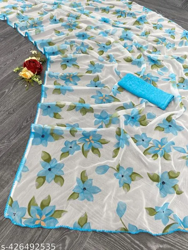 Off_White_&_Blue_Premium_Chiffon_Saree_With_Running_Blouse_For_Women
