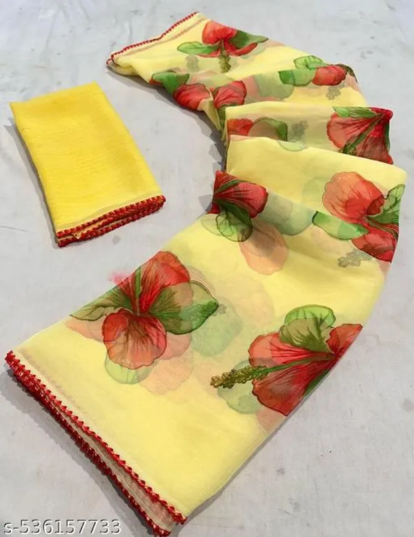 Yellow_Premium_Chiffon_Saree_With_Running_Blouse_For_Women