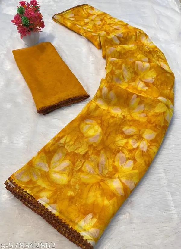 Yellow_Premium_Chiffon_Saree_With_Running_Blouse_For_Women