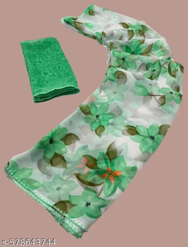 White_&_Green_Premium_Chiffon_Saree_With_Running_Blouse_For_Women