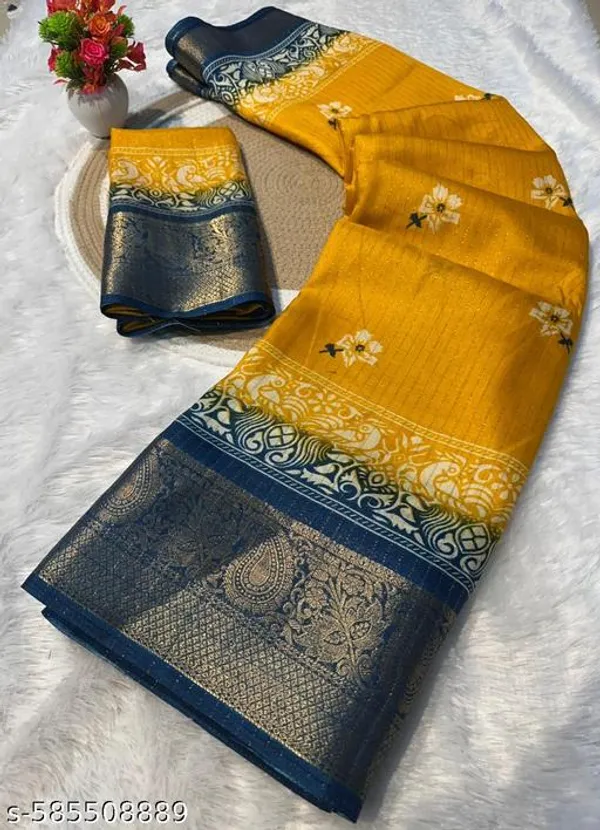 Gold_&_Blue_Premium_Dola_Silk_Saree_With_Running_Blouse_For_Women