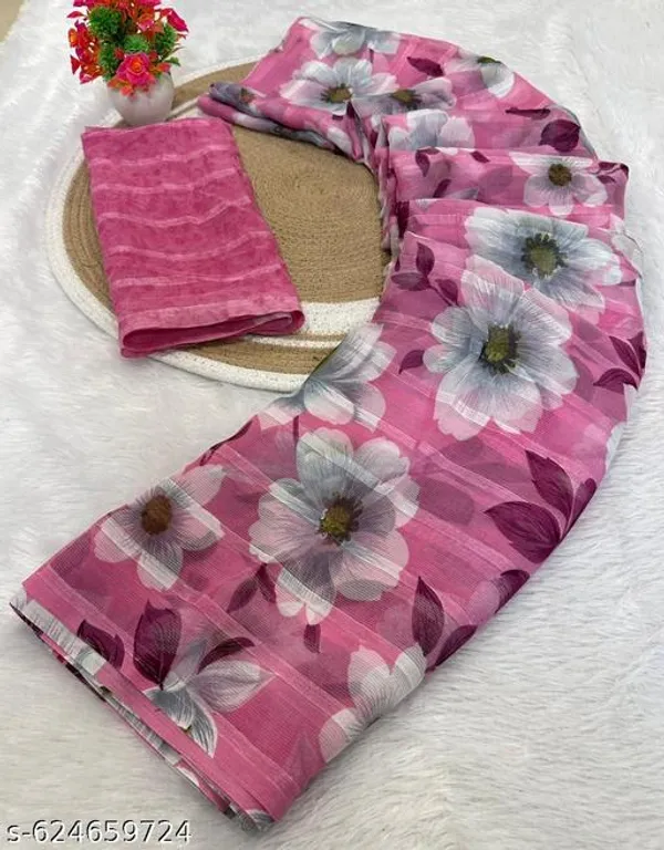 Pink_&_White_Premium_Chiffon_Saree_With_Running_Blouse_For_Women