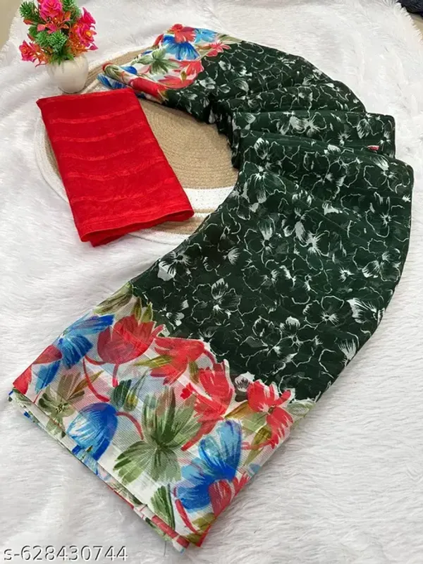 Green_Premium_Chiffon_Saree_With_Running_Blouse_For_Women