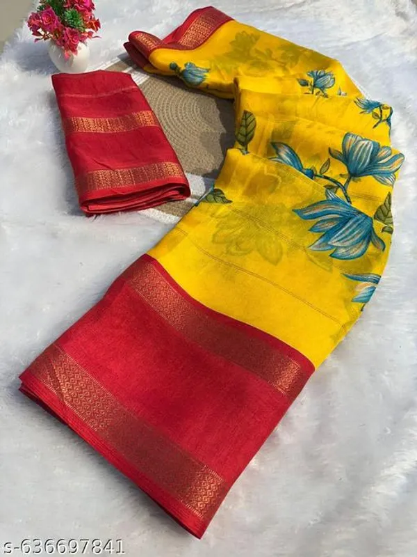 Yellow_&_Red_Premium_Moss_Crepe_With_Jacquard_Border_Saree_With_Running_Blouse_For_Women