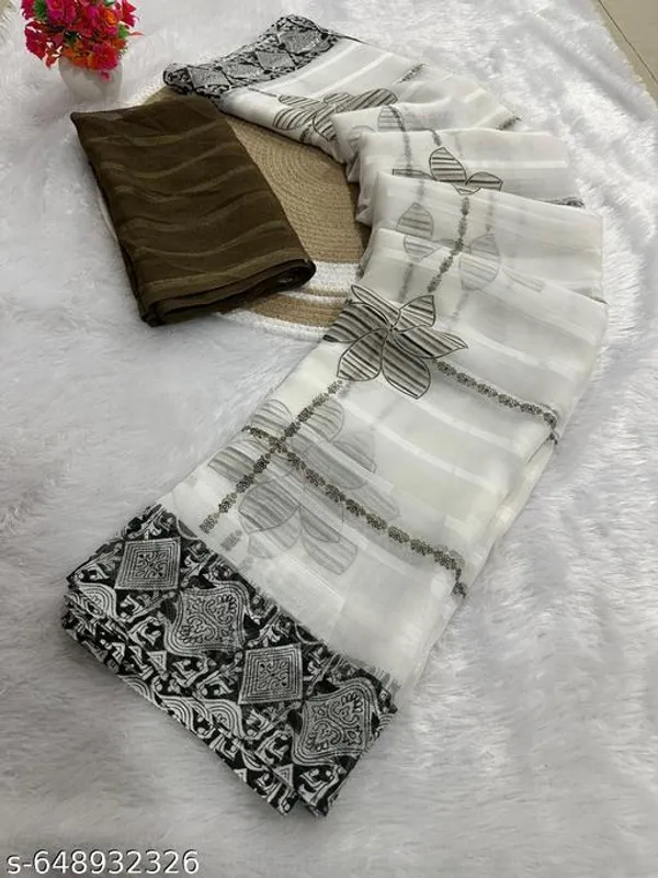 White_Premium_Chiffon_Saree_With_Running_Blouse_For_Women
