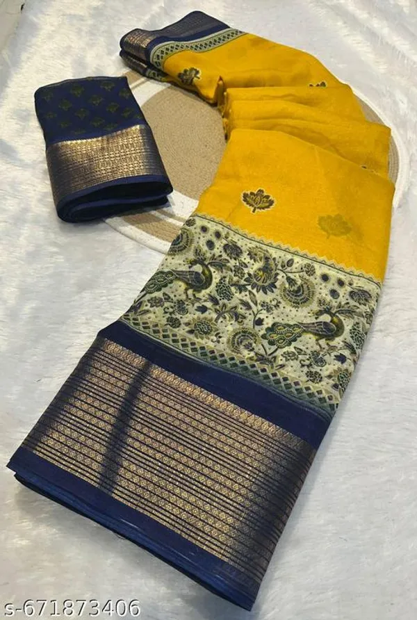 Yellow_&_Blue_Premium_Moss_Crepe_With_Jacquard_Border_Saree_With_Running_Blouse_For_Women