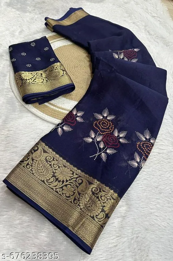 Navy_Blue_Premium_Moss_Crepe_With_Jacquard_Border_Saree_With_Running_Blouse_For_Women
