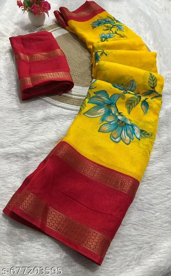 Yellow_&_Maroon_Premium_Moss_Crepe_With_Jacquard_Border_Saree_With_Running_Blouse_For_Women