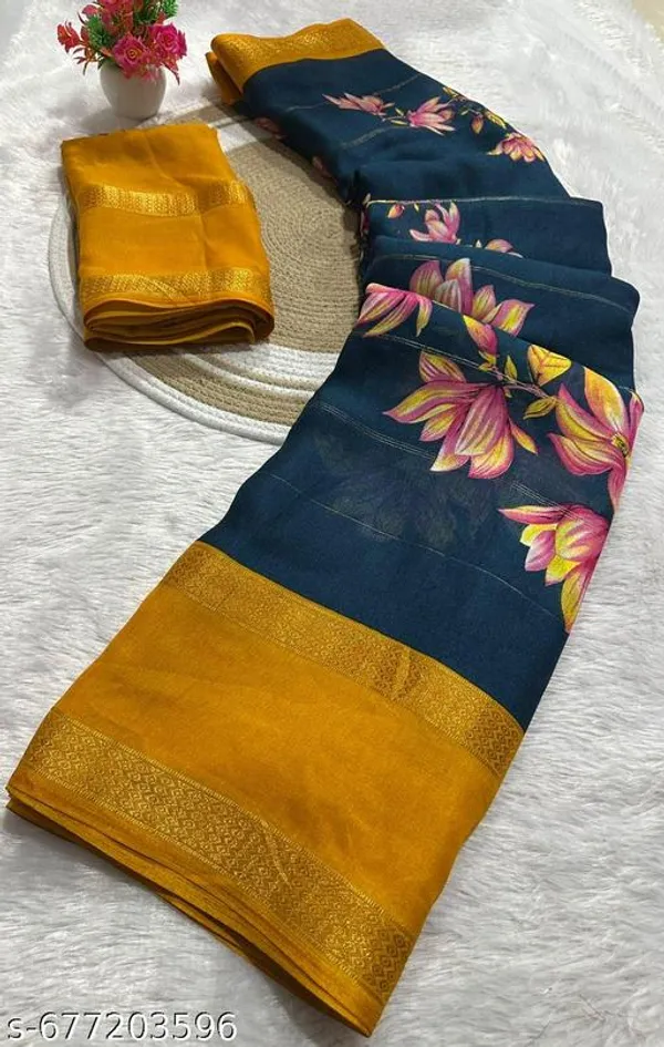 Navy_Blue_&_Gold_Premium_Moss_Crepe_With_Jacquard_Border_Saree_With_Running_Blouse_For_Women