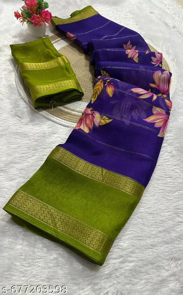 Navy_Blue_&_Green_Premium_Moss_Crepe_With_Jacquard_Border_Saree_With_Running_Blouse_For_Women