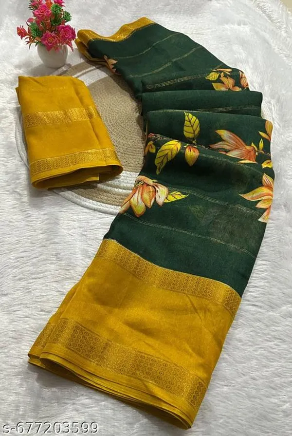Green_&_Gold_Premium_Moss_Crepe_With_Jacquard_Border_Saree_With_Running_Blouse_For_Women