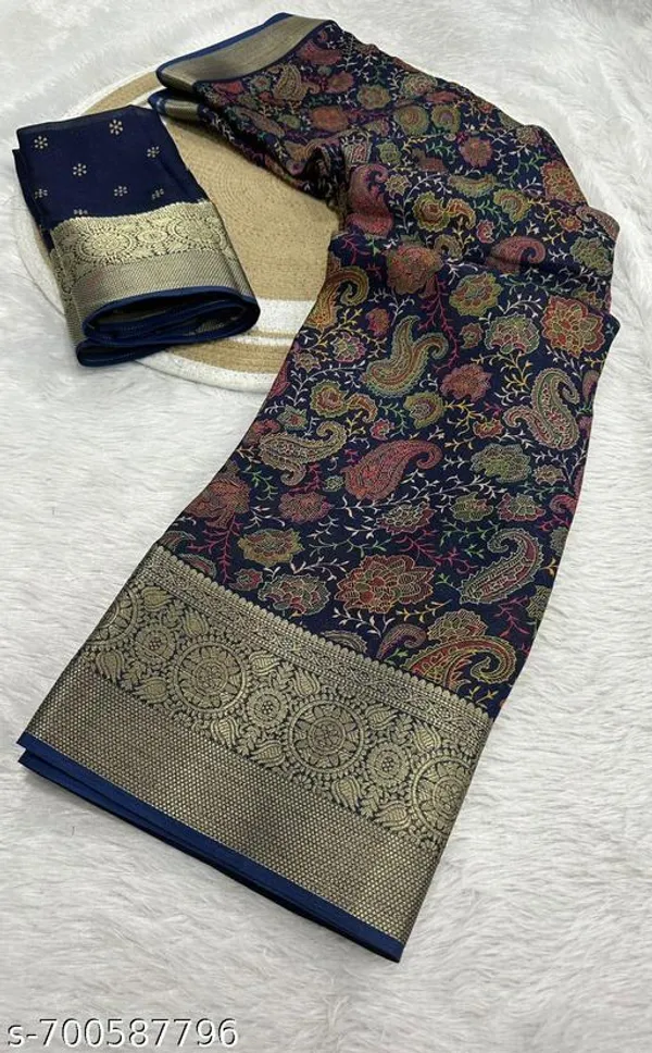Blue_&_Gold_Premium_Moss_Crepe_With_Jacquard_Border_Saree_With_Running_Blouse_For_Women