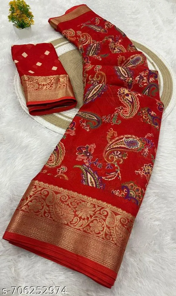 Red_Premium_Moss_Crepe_With_Jacquard_Border_Saree_With_Running_Blouse_For_Women